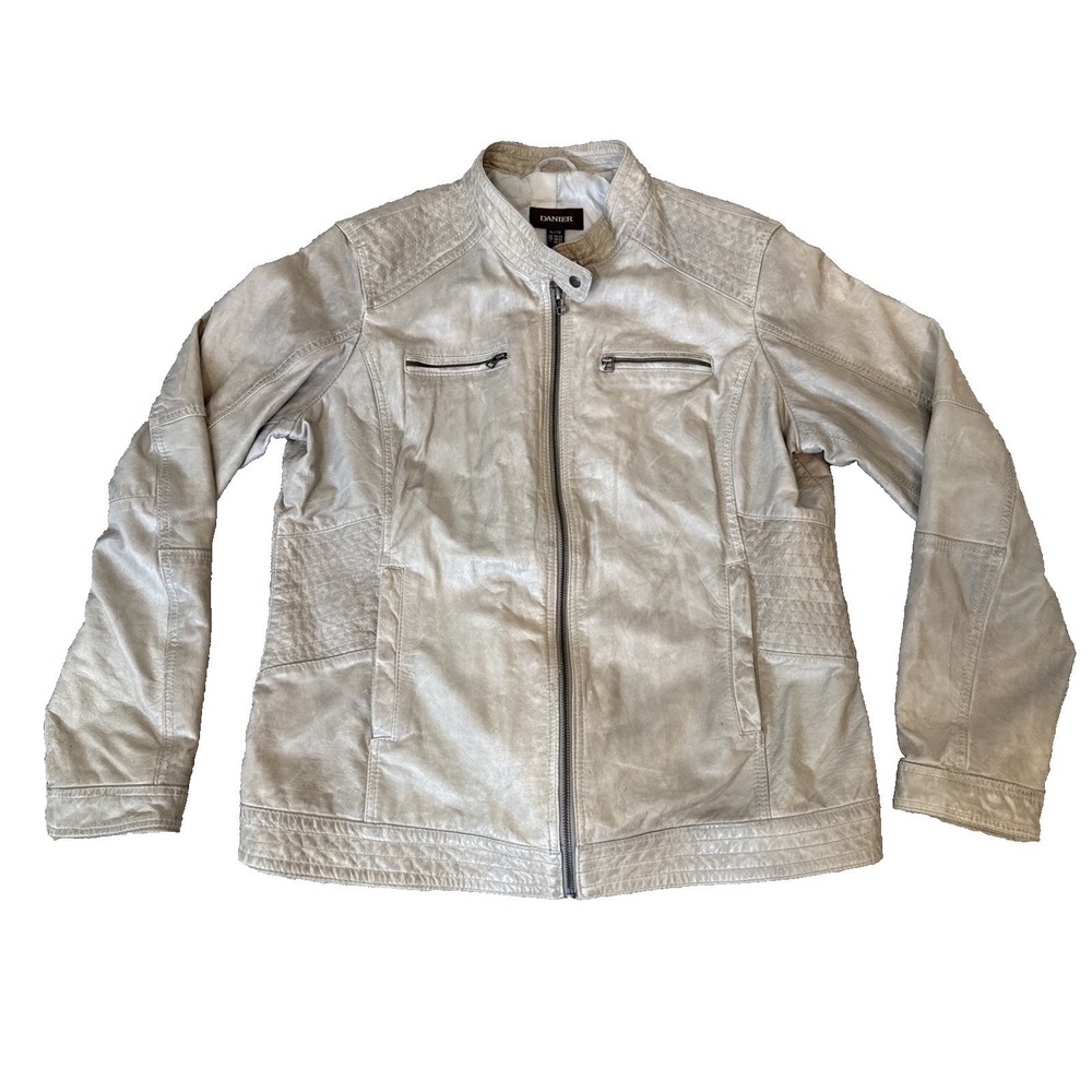 Danier Leather Jacket Womens XL Beige Tan Moto Biker Genuine Leather (READ DESC)